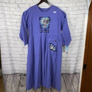 BLUE FISH 1997 VTG Hand Printed Art Work Blue Dress Size 2 New! 100% USA COTTON
